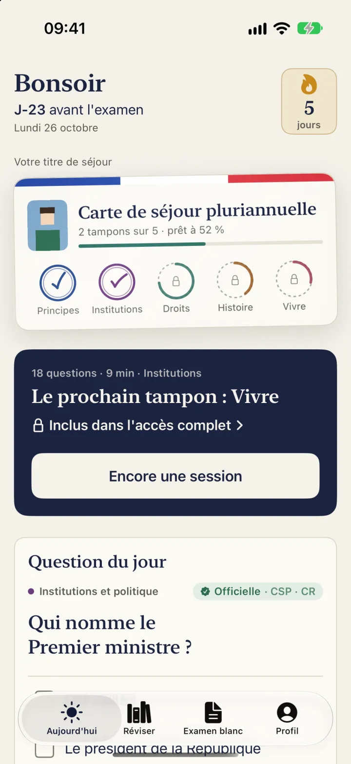 Accueil de l'app : la carte de séjour avec deux tampons, la prochaine séance et la question du jour